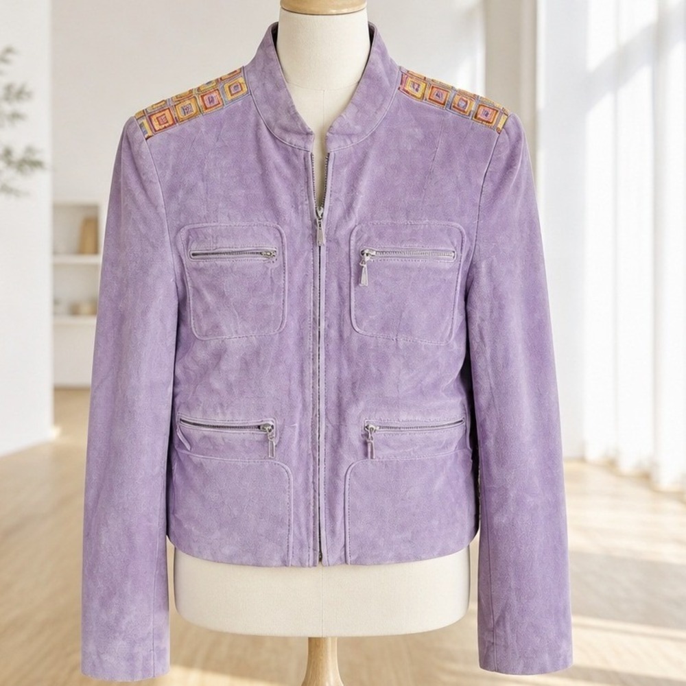 Paranoia S Leather Purple Sueded Leather Moto Jacket Embroidered Shoulder Small
